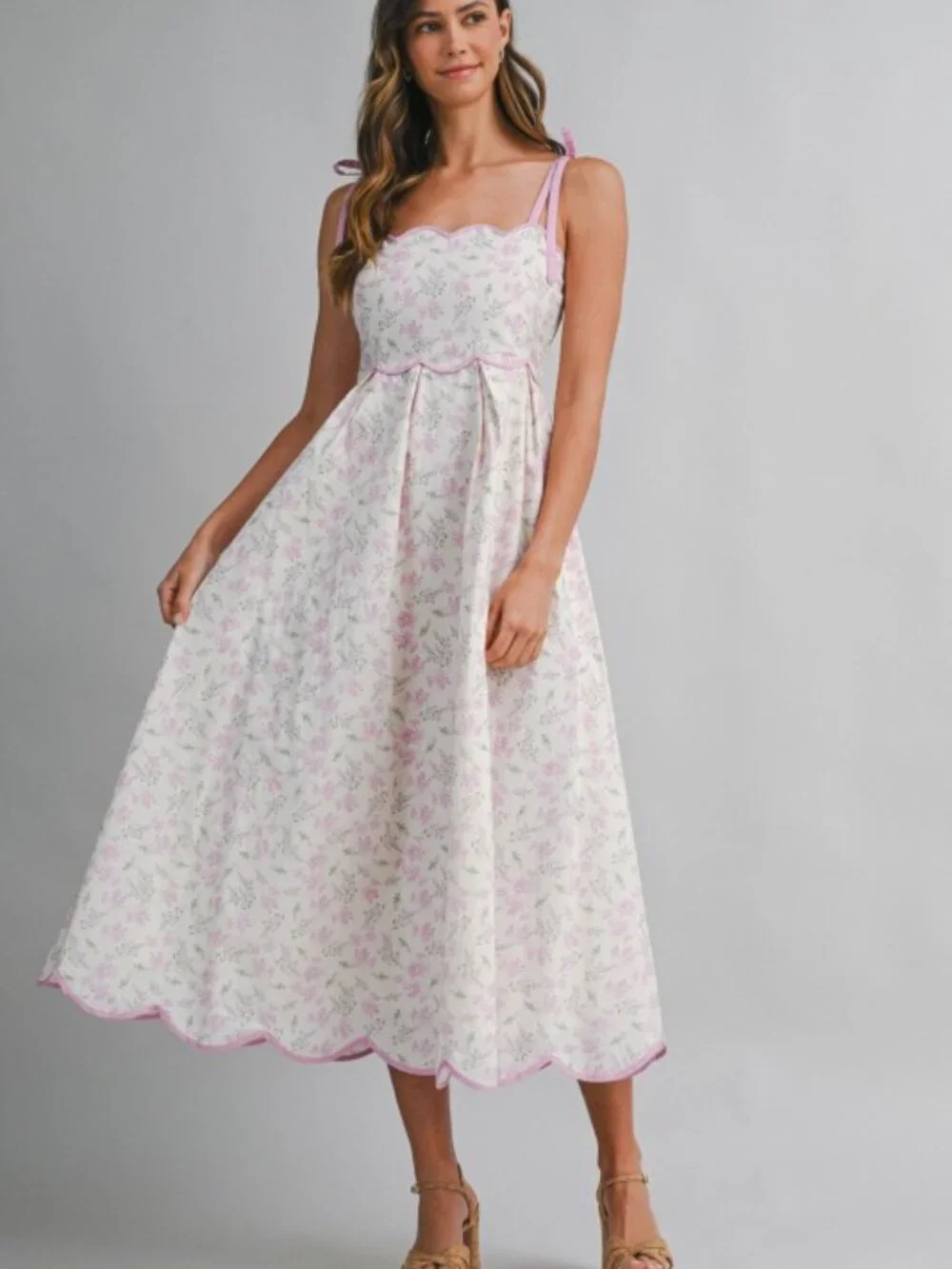 Floral Print Scallop Hem Contrast Self Tie Strap Midi Dress - Picture 2 of 7